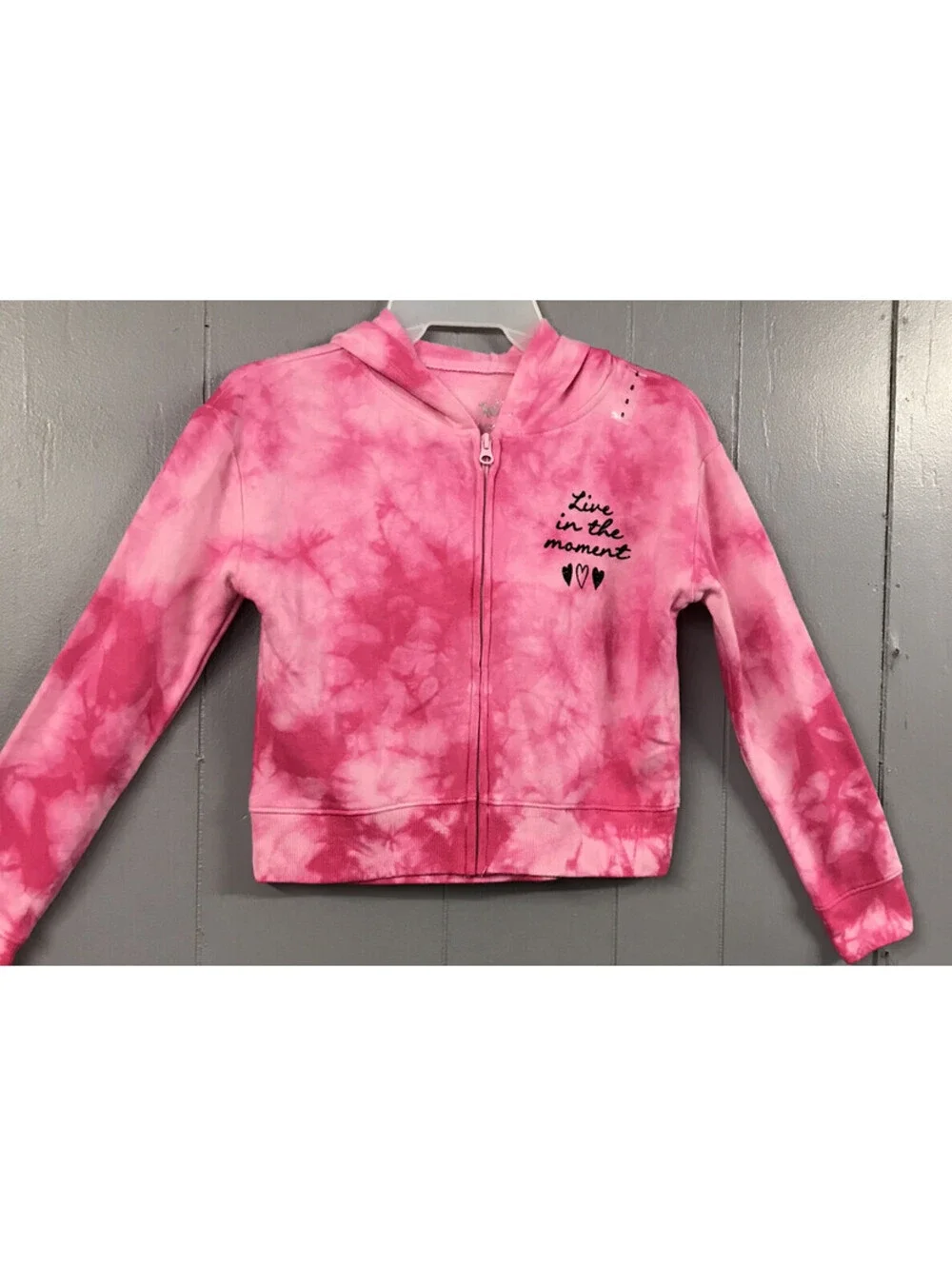 Justice Hoodie. Pink Tye Dye. “Live in the Moment” on Chest. Size Girls 8. NWT